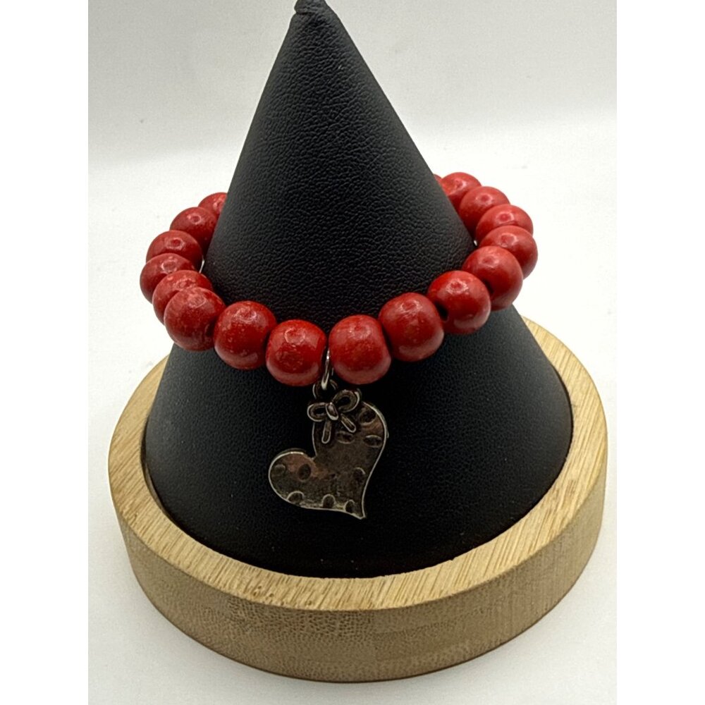 Red Beaded Rustic Heart Charm Stretch Bracelet